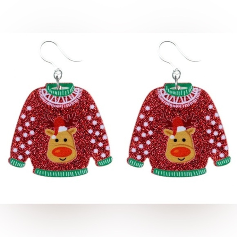 NWT - Glittery Acrylic Christmas Sweater Red & White Rudolf the Reindeer